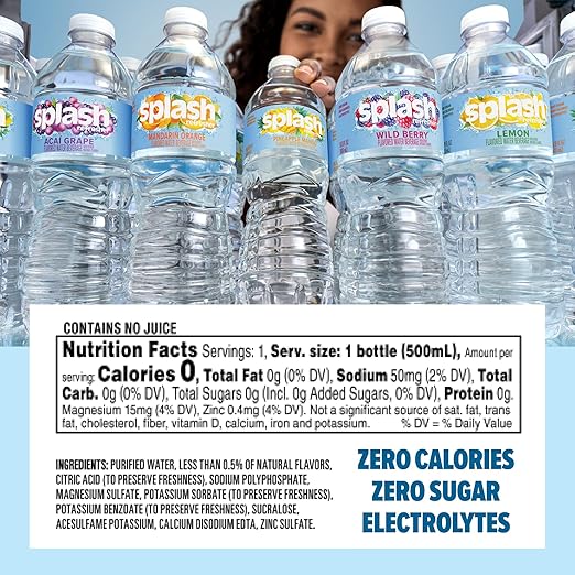 Splash Refresher Flavored Water Bottles, Wild Berry Flavor - 6-Pack, 16.9 Fl Oz - Refreshing Flavored Bottled Water with Electrolytes - Zero Sugar & Zero Calories