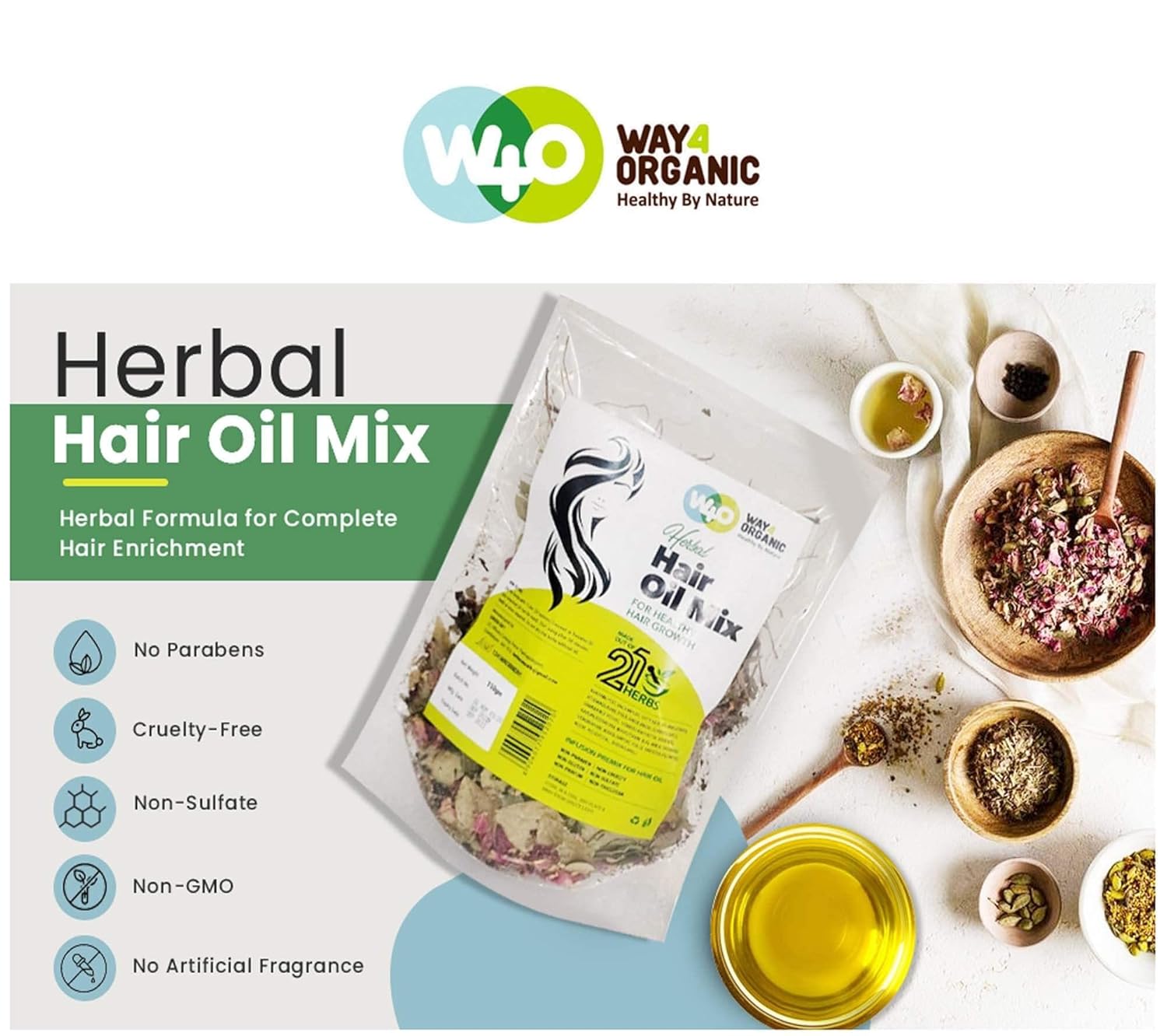 Way4Organic Herbal Hair Growth Oil Mix – 21 Ayurvedic Herbs for Hair Growth, Hairfall Control & Scalp Care, 150g – Men & Women Ifelshop