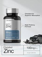 Horbäach Chelated Zinc Supplement 100mg | 250 Tablets | High Potency & Superior Absorption | Vegetarian, Non-GMO, Gluten Free
